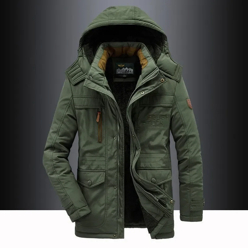 New Winter Men Hooded Parkas Casual Long Down Jackets Fleece Warm Tooling Jackets Good Quality Male Outdoors Winter Coats Size 5