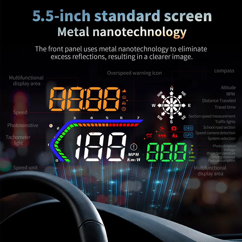 CarHead Up Display HUD  OBD2 GPS Dual System, Digital Speedometer, Tachometer, Coolant Temp, Fuel Consumption, Voltage Monitor,