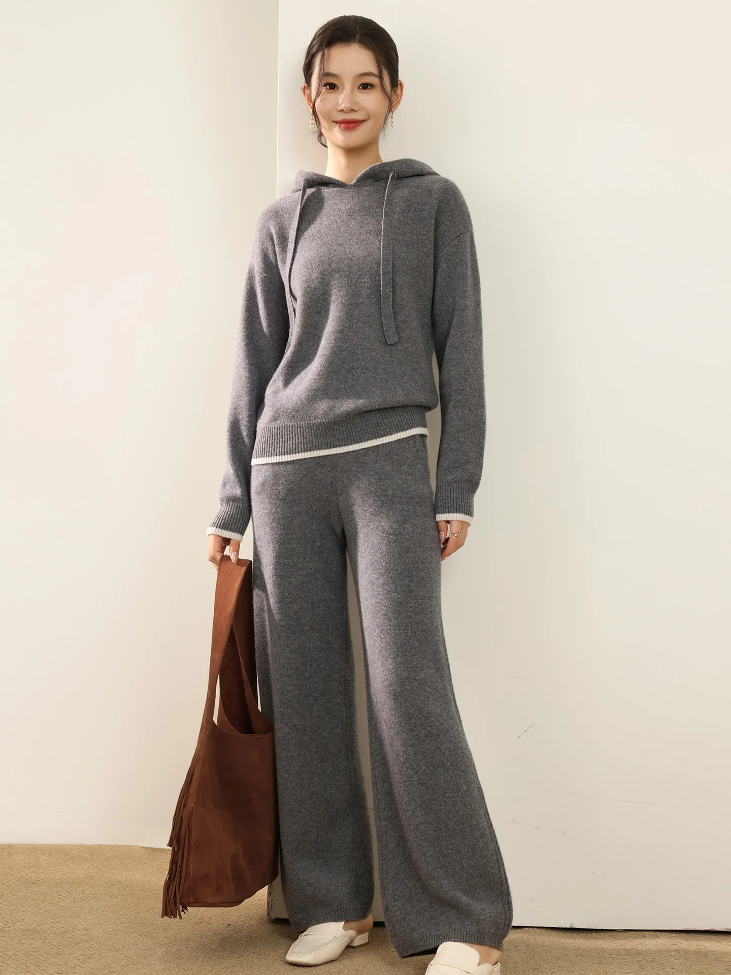

New Women Wool Hooded Pullover Wide Leg Pant Set Autumn Winter Casual Loose 100% Merino Wool Knitwear Sweater Pants Set Clothes