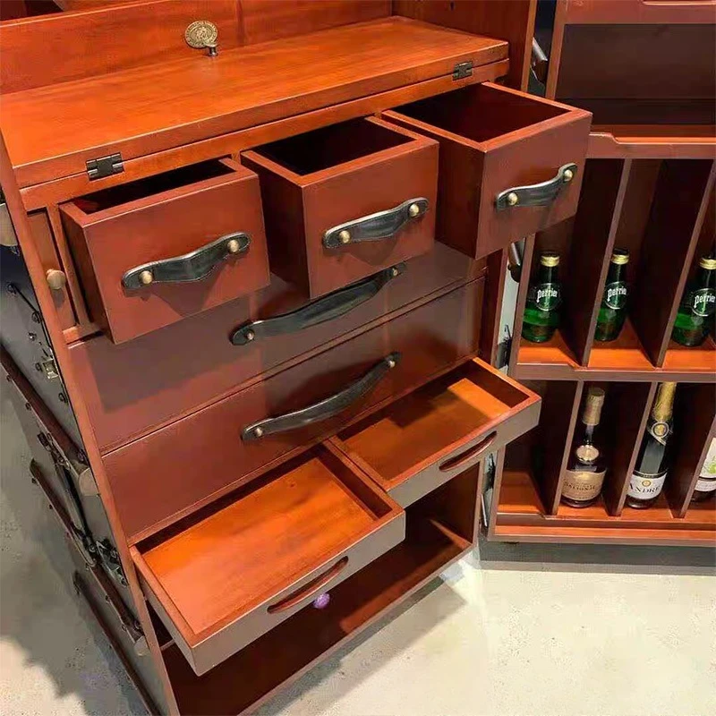 Retro solid wood suitcase wine cabinet display cabinet designer household Italian light luxury storage mobile wine cabinet