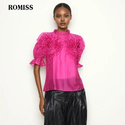 ROMISS Solid Patchwork Appliques Casual Blouse For Women Ruffled Collar Short Sleeve Elegant Shirts Female Fashion Style