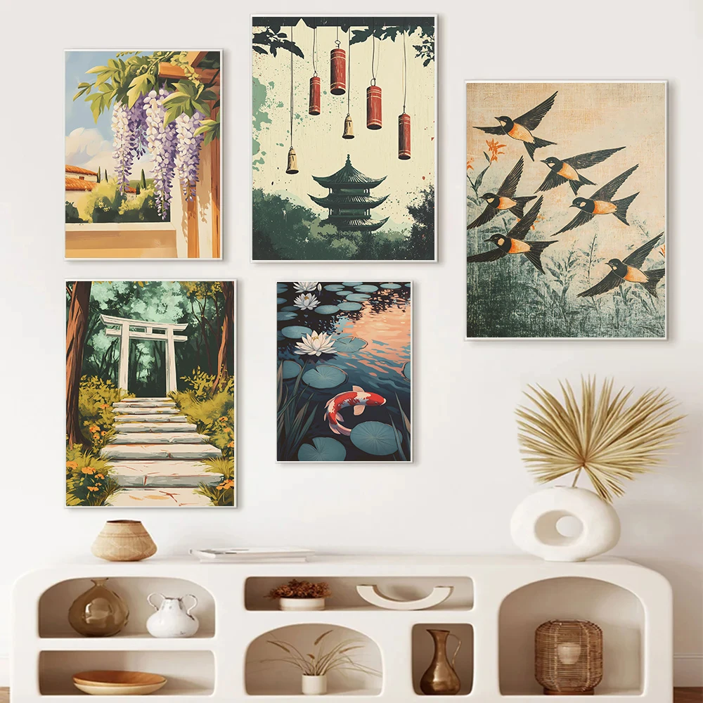 Abstract Japanese Cherry Blossom Mount Fuji Shrine Cartoon Illustration Poster Canvas Paintings Wall Art Pictures Home Decor