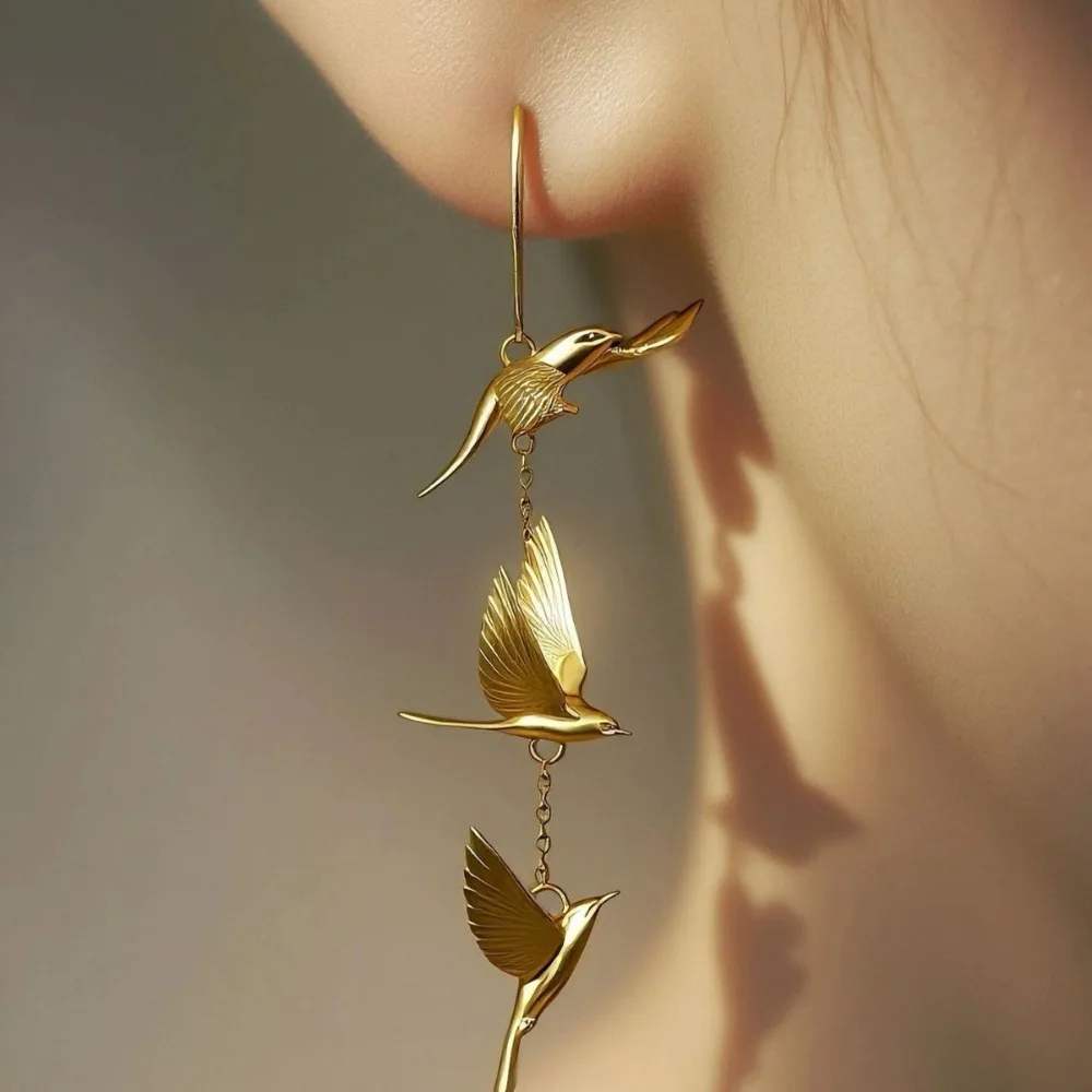 New Chinese Style Vintage Gold Tone Flying Bird 3D Swallows Long Tassel Dangle Earrings for Women Artistic Statement Jewelry