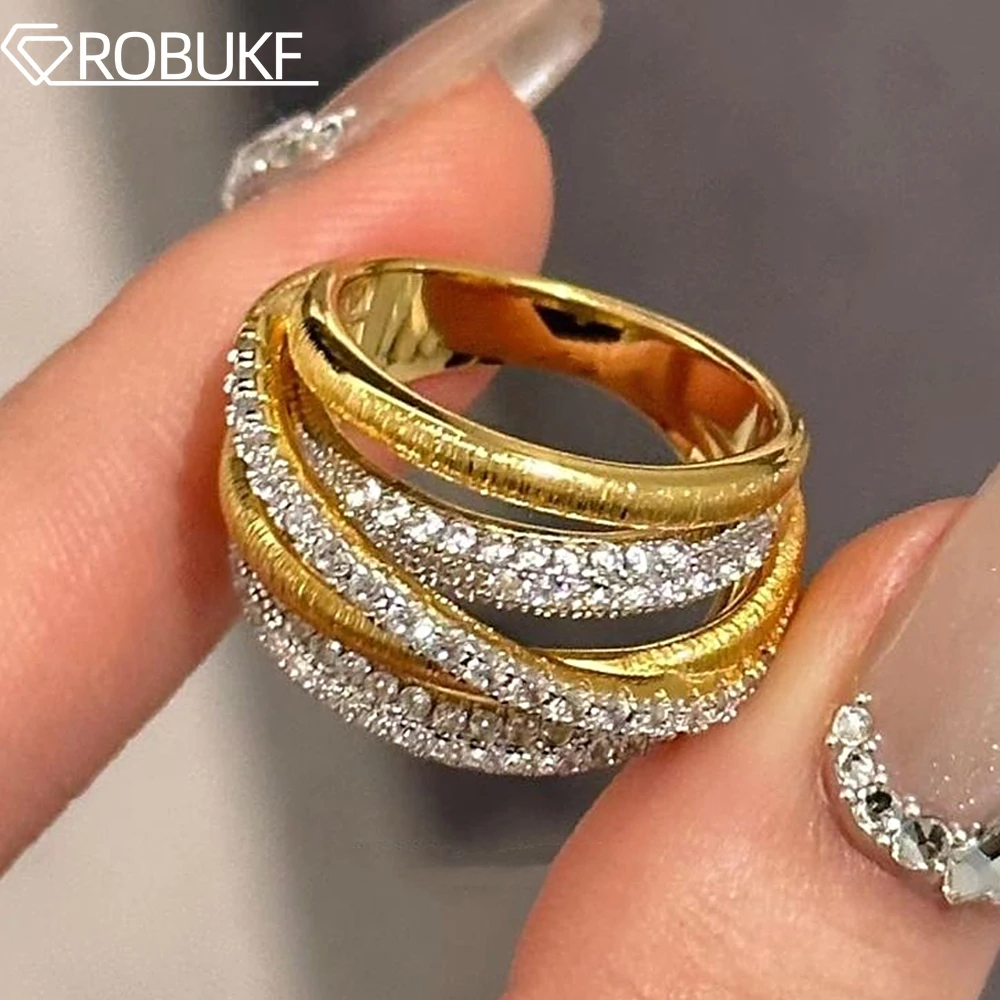 

18K Gold Plated 100% 925 Sterling Silver Rings for Women Sparkling High Carbon Diamond Multi Layered Cross Wedding Band Gifts