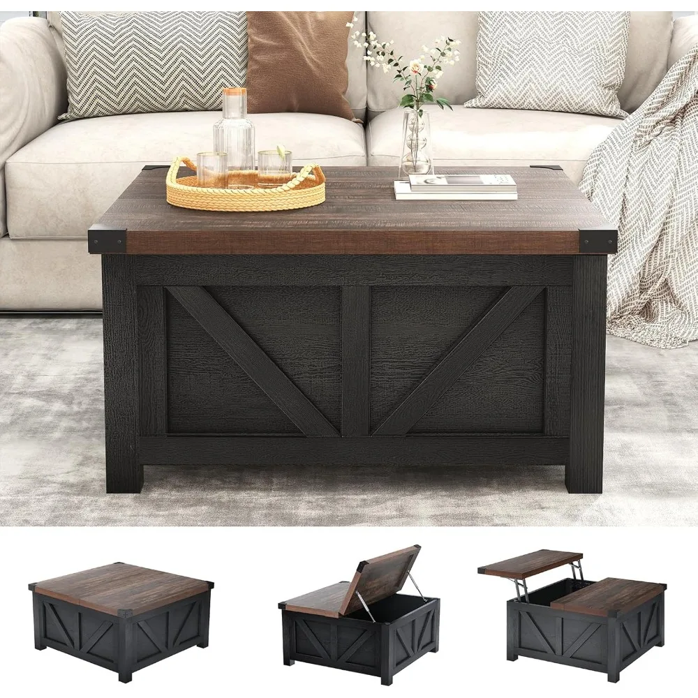 Farmhouse Lift Top Coffee Table with Storage, Wood Square Center Table with Charging Station&USB Port, Living Room Table w/Large