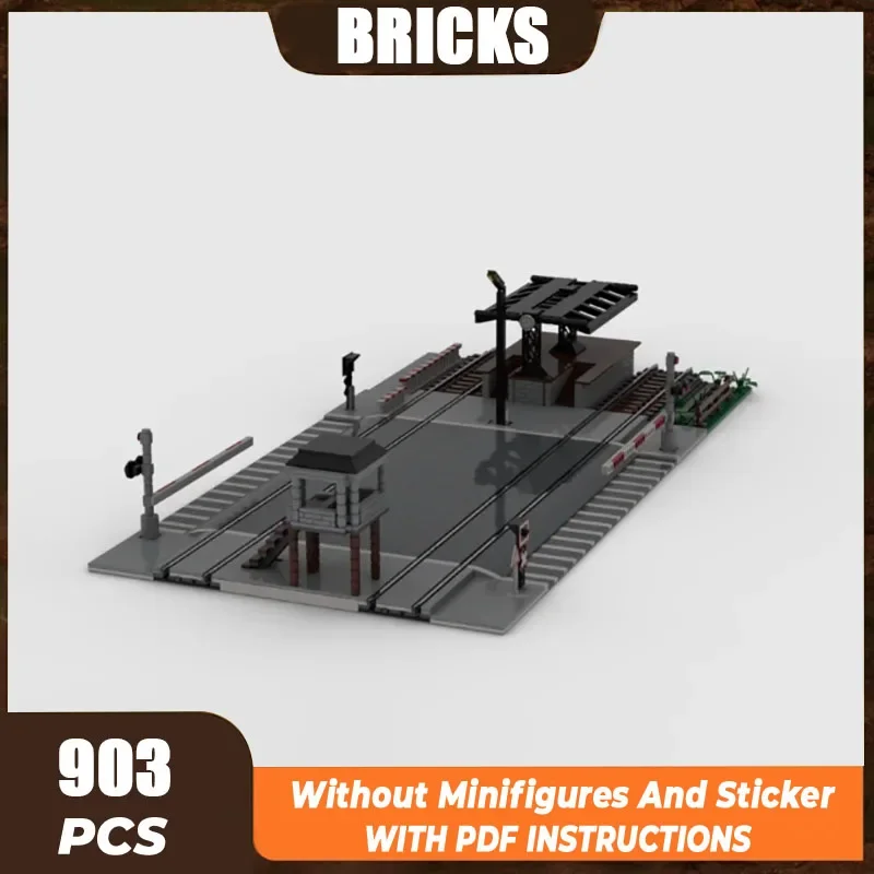 Moc Building Block Train Crossing Urban Road Model Technical Bricks DIY Assembly Street View Architecture Toy For Child Gift