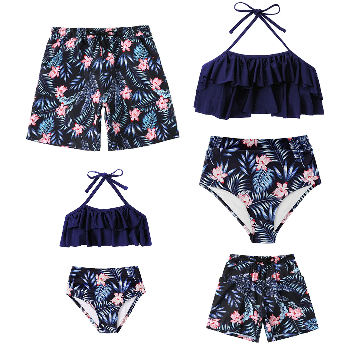 Family Matching Swimsuit High Waist Bikini Ruffle Edge Mother and Daughter Swimsuit Father and Son Swim Trunks Shorts