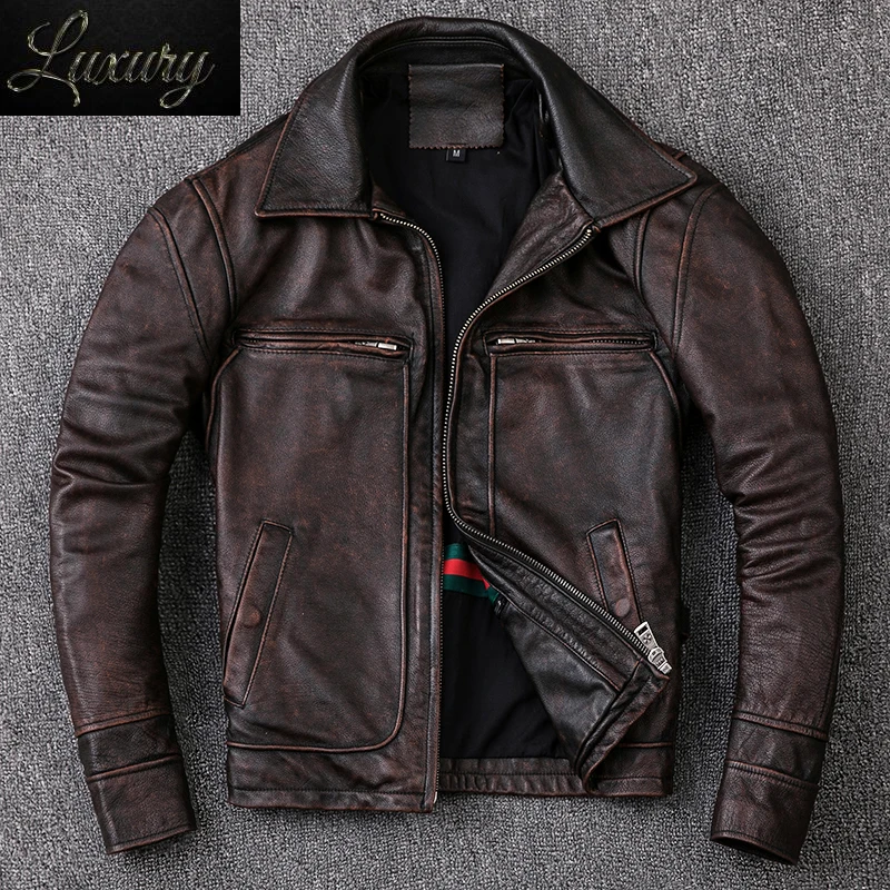 

New Men Cowhide Coat Men's Genuine Leather Jacket Vintage Style Man Clothes Motorcycle Biker Jackets