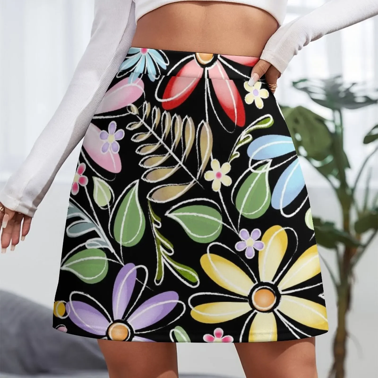 Colorful Hand Drawn Flowers // Black, White, Red, Pink, Purple, Yellow, Green, Brown, Evergreen Mini Skirt