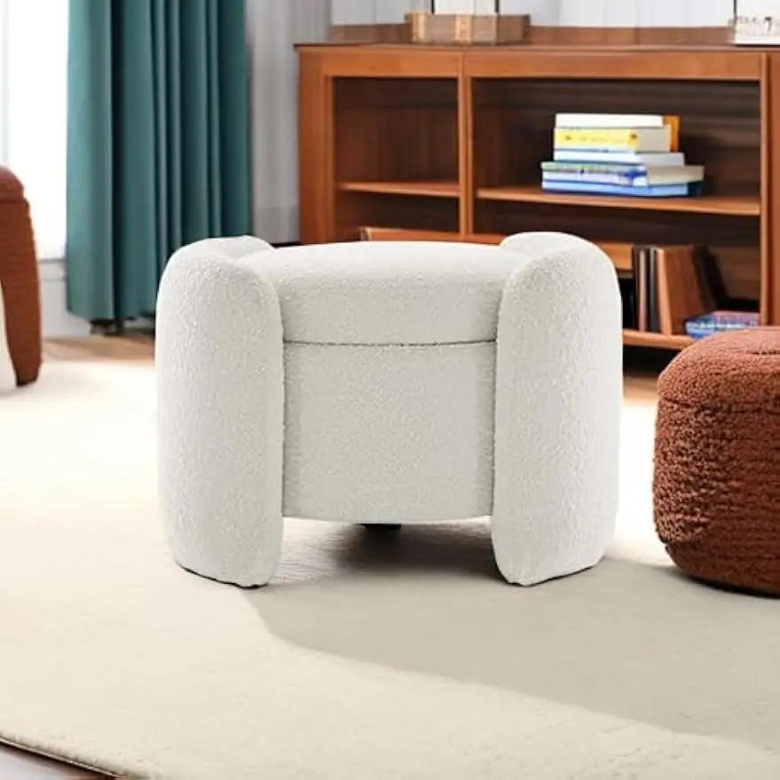 Modern Boucle Upholstered Ottoman Storage Makeup Vanity Stool,Nebula Teddy Fabric with Lid Sofa Chair,Round Armless Deluxe Pouf