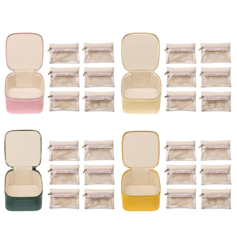 Portable Jewelry Storage Box Zipper Velvet PU Earrings Necklace Storage Box with 6 Pouch pendant Rings Jewelry bag Solid Color