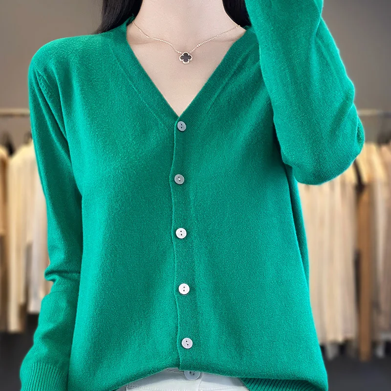Spring Summer New Style Women's Long Sleeve V-Neck Knitted Sweater Coat Single Piece Bright Thread Coolmax Fiber Commute Style
