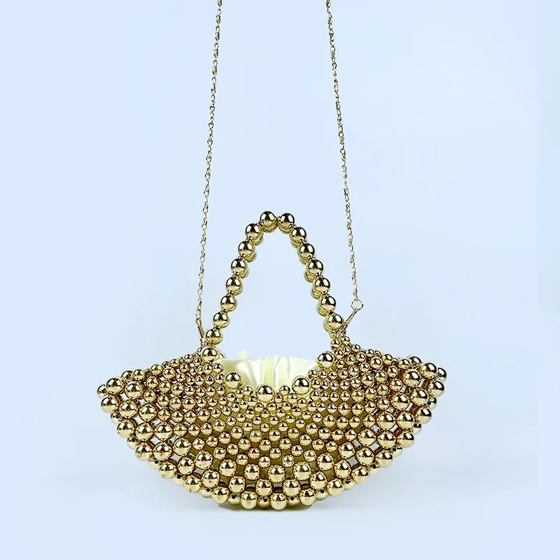 Summer haute couture niche handbag fan-shaped beaded bag for women 2024 new cross-body handmade hollow pearl bag