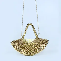 Summer haute couture niche handbag fan-shaped beaded bag for women 2024 new cross-body handmade hollow pearl bag