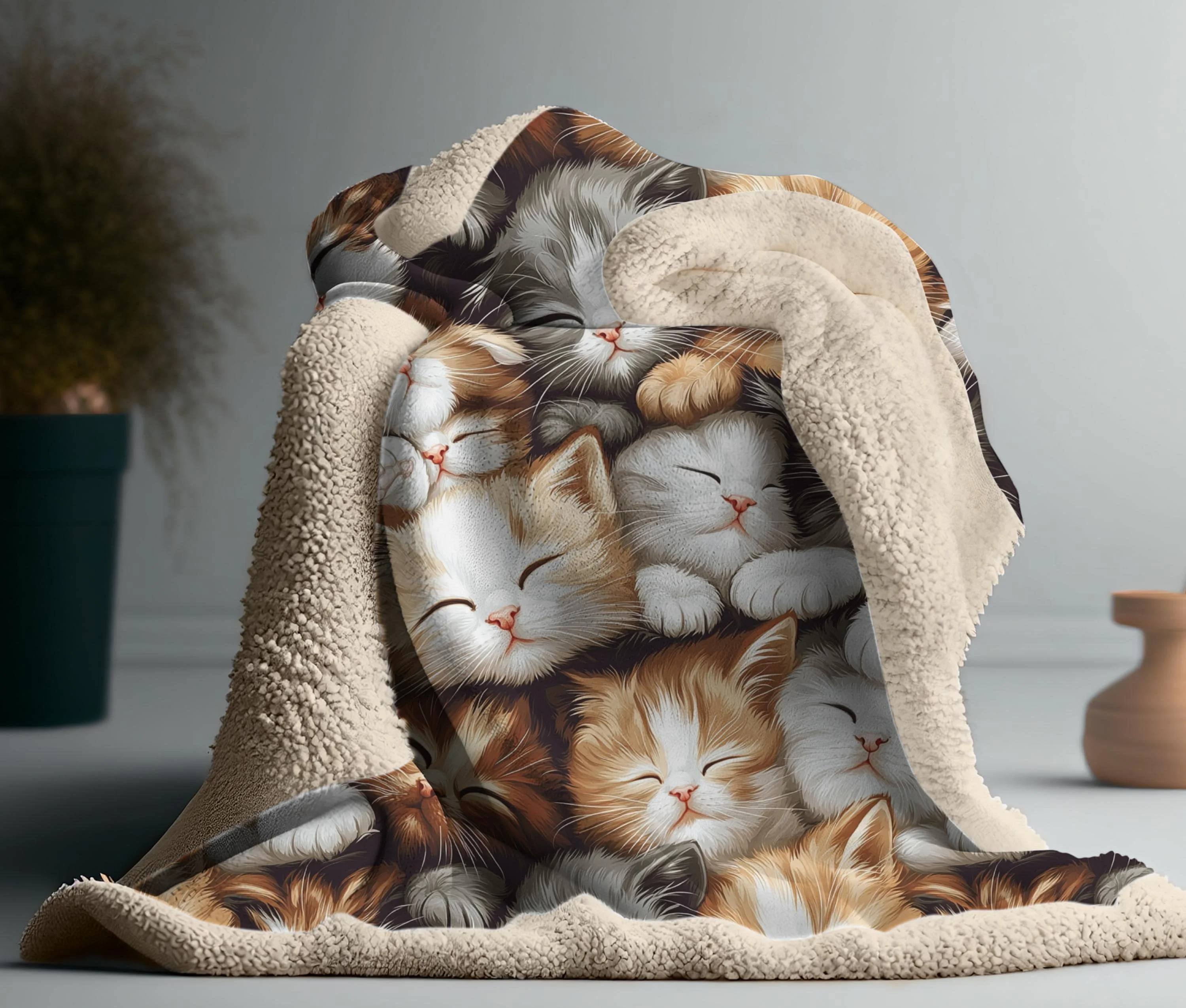Cute Kittens Snuggled Together Flannel Throw Blanket, Cozy Cat Owner Bedding, Warm Sofa Home Decor Gift