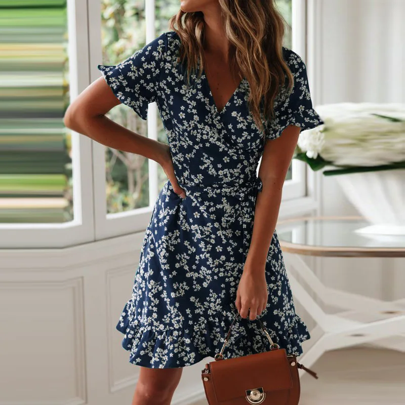 Boho Floral Print Ruffles Women Dress 2024 Summer Sexy V Neck Short Sleeve A Line Chiffon Mini Dresses Beach Vacation Sundress
