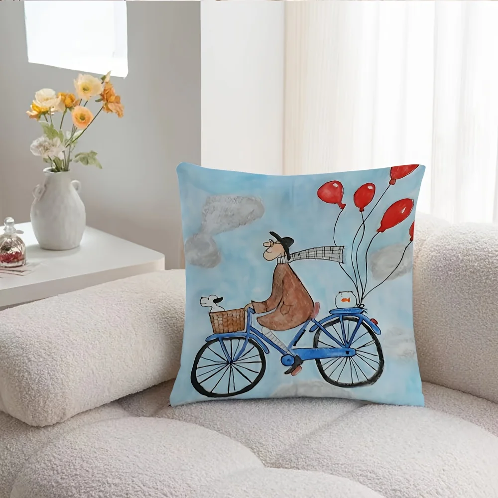 1pc Pillowcase, Vintage Bicycle Rider Design - Zipper Closure, Soft and Smooth Polyester Short Plush Fabric, Single-Sided Print, 17.72inch X 17.72inch, Suitable for Living Room and Bedroom Decor, Birthday or Housewarming Gift - Pillow Insert Not