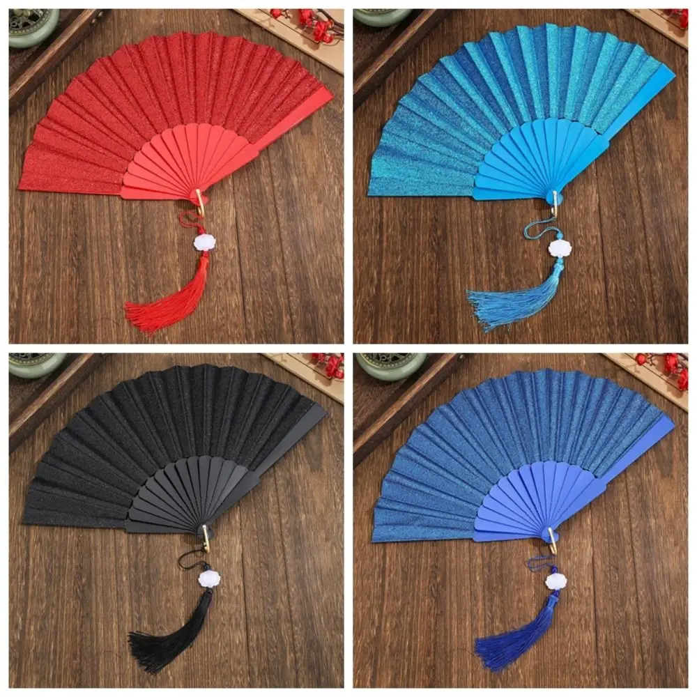 Elegant Plastic Gold Powder Fan Colorful Tassels Folding Fan Chinese Style Handheld Fan Dancing