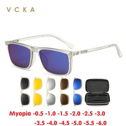 VCKA Transparent Frame Women Myopia Sunglasses 6 In 1 Magnetic Clip Glasses Round Men Polarized Prescription Eyeglass -0.5~-6.0