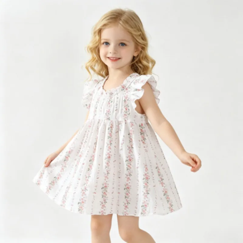 Kids Floral Summer Dress Soft Cloud Cotton Flutter Cap Sleeve Breathable Loose Sweet Dress For Little Girls Daily Party Wear