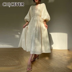 CHICEVER Solid Casual Spliced Lace Up Dress Women O Neck Puff Sleeve High Waist Elegant Long Dresses Female Autumn Fashion Style