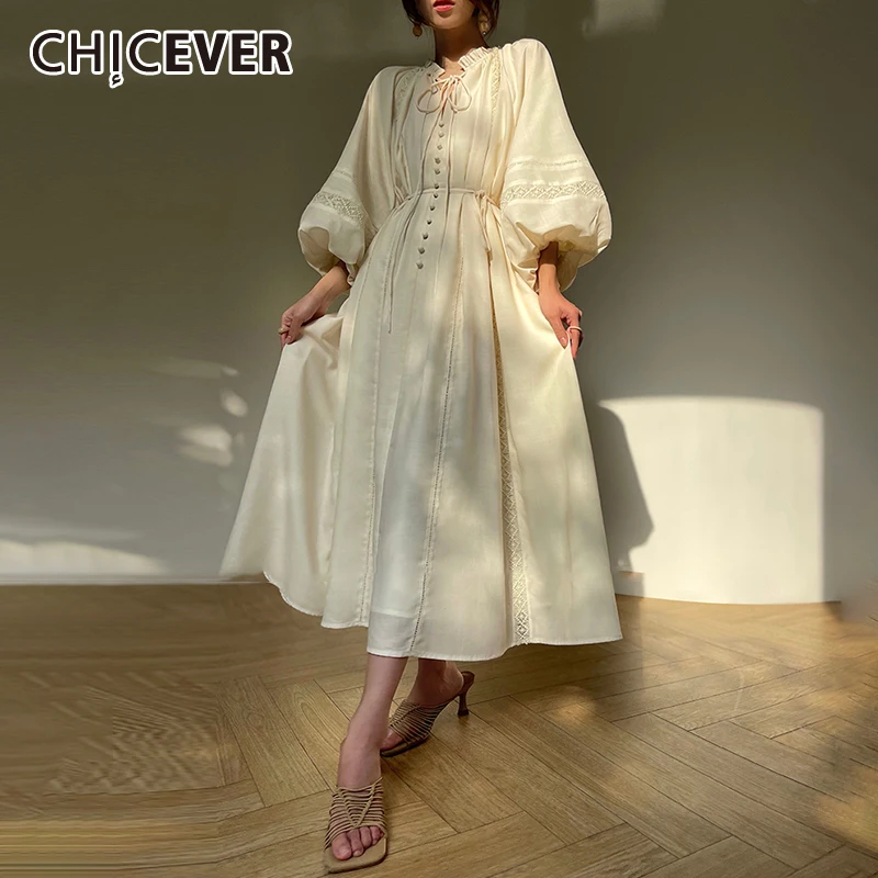 CHICEVER Solid Casual Spliced Lace Up Dress Women O Neck Puff Sleeve High Waist Elegant Long Dresses Female Autumn Fashion Style