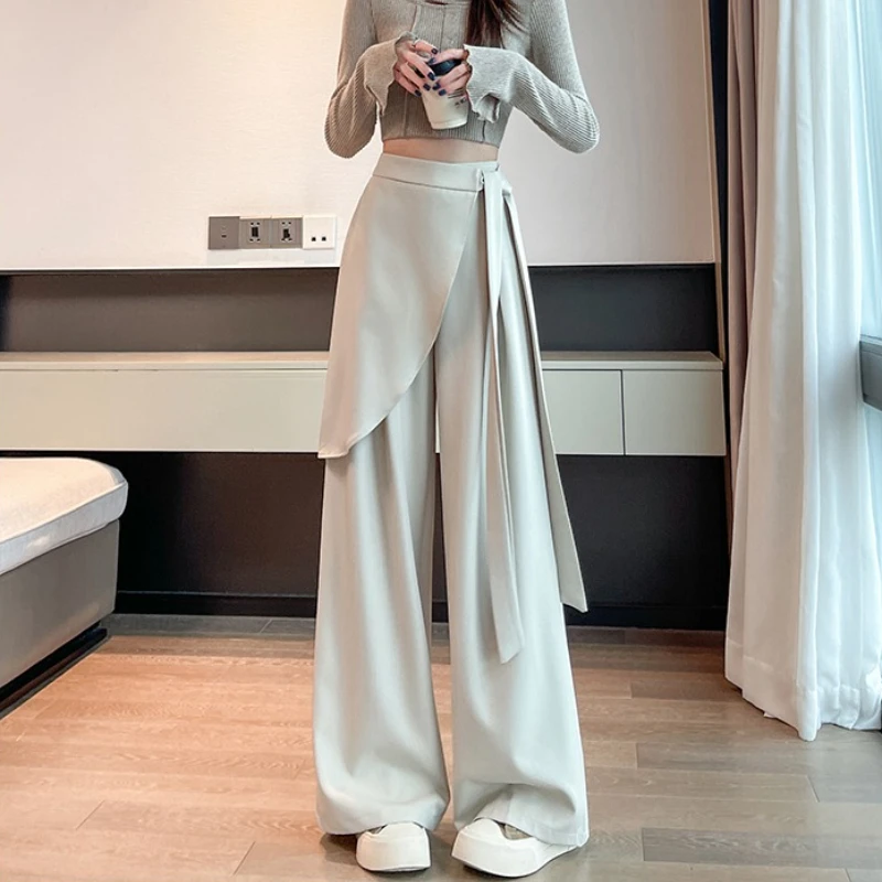 Taille haute élégant irrégulier jambe large pantalon pour les femmes 2025 nouveau automne taille haute droite décontracté ample pleine longueur pantalon