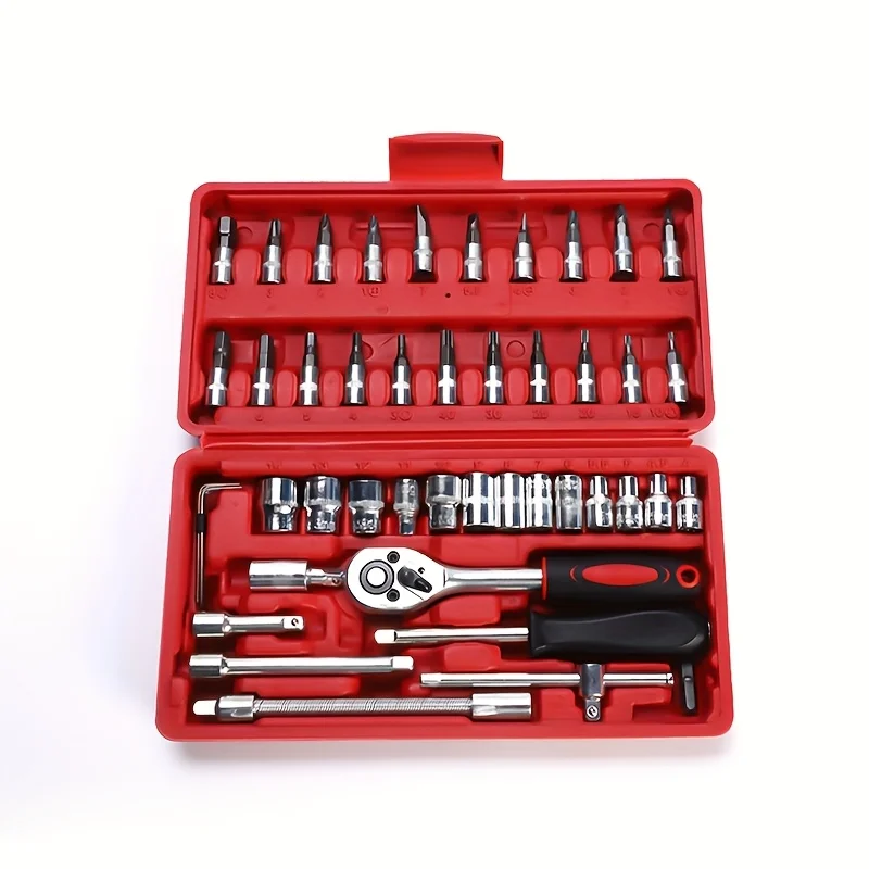 46-piece car repair combination tool set, includes 1/4-inch hex head for vehicle maintenance.