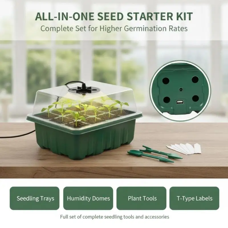 Home Use Seed Starter Tray with Grow Light 6/12 Cell Adjustable Germination Kit for Garden Planting