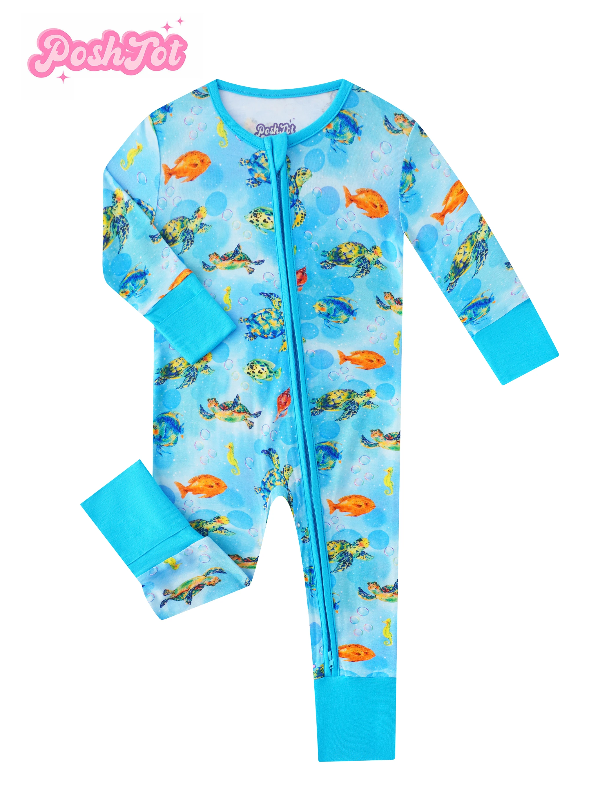 

PoshTOT The Little Colorful Turtle Under The Sea Bamboo Baby Convertible Zippy Romper