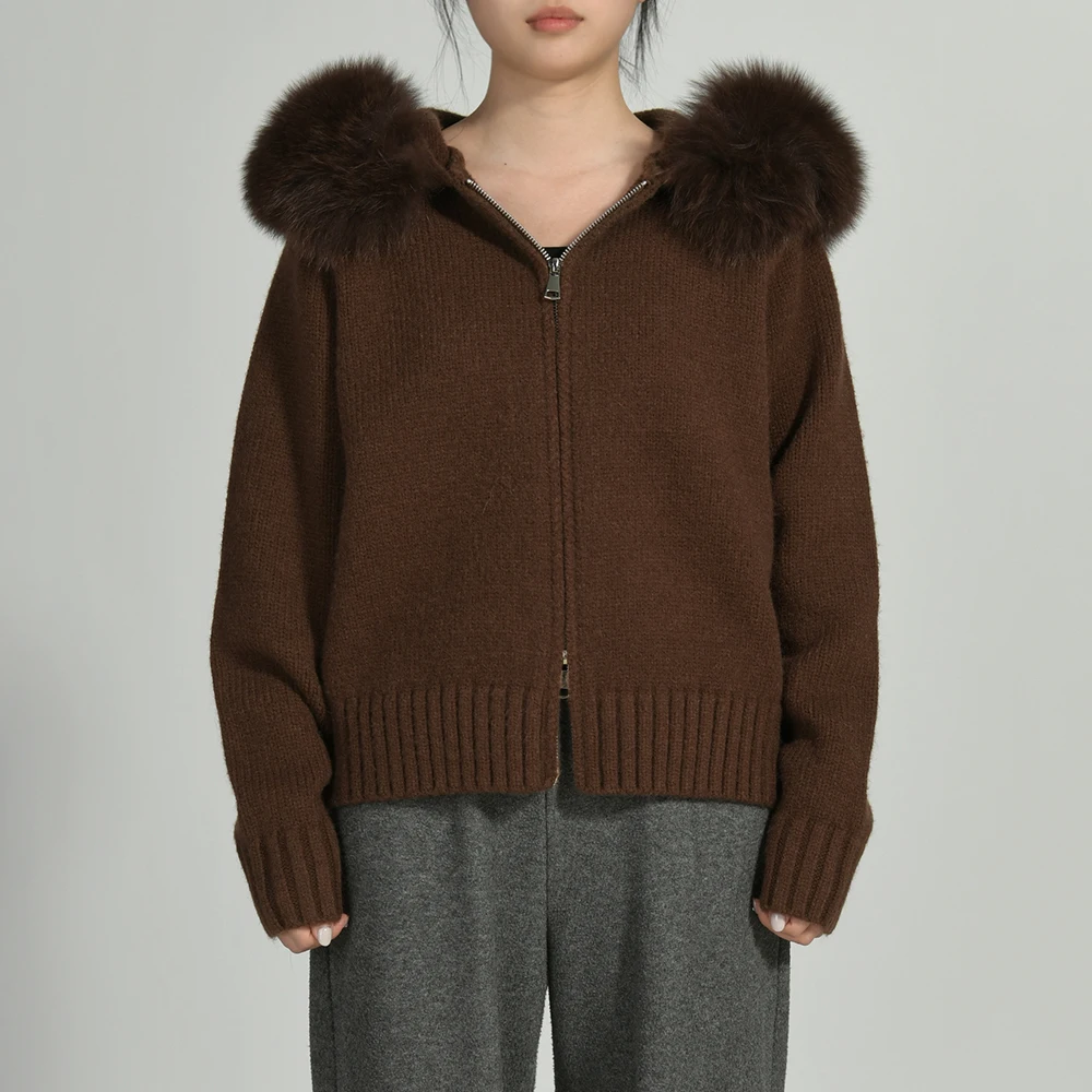 

Jaxmonoy Casual Hooded Knitted Jacket with Real Fox Fur Fall Winter Fashion Natural Fur Collar Short Cardigan Sweater 2024 New