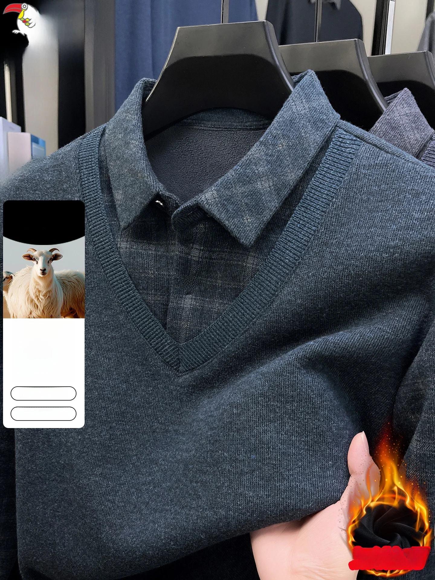 Thiened Fce Warm Winter Sweater Men's Faion Ci Sle Long Sve Woolen Knitted Top Fake Two-Piece Sle Base Layer