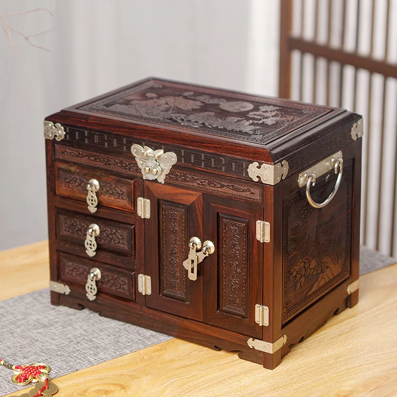 Vintage-style multi-layered jewelry Stock Wholesale Sandalwood Vintage Jewelry Storage Wood Wedding Makeup Mirror Box With Lock