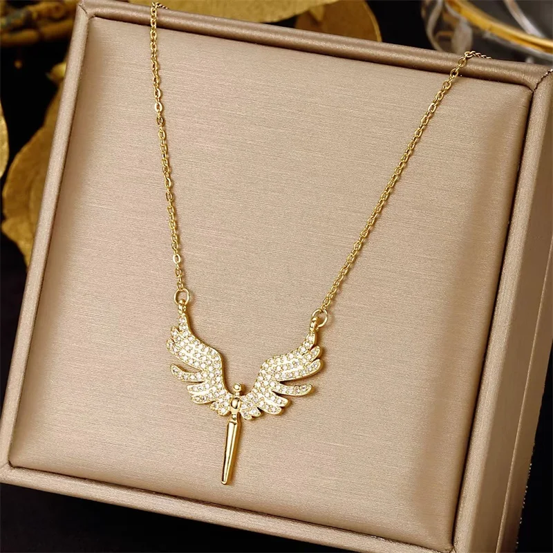 Unique Women\'s Fashion Angel Wings Pendant Necklace Girls Luxury Jewelry Anniversary Birthday Party Valentine\'s Day Perfect Gift