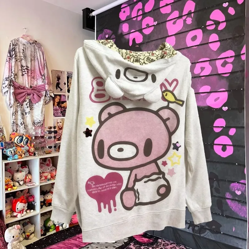 

Subcultural Blood Powder Cartoon Violent Bear Dress Up Print Loose Zipper Hoodie Sweatshirt Harajuku Shibuya Girls New Clothes