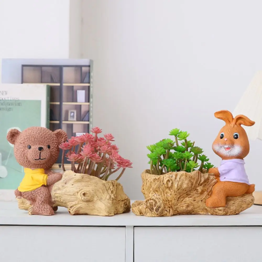 Estatuilla de conejo y oso de estilo Natural, estatua de conejito de dibujos animados de resina, maceta, cesta Retro, maceta de animales bonita para niños