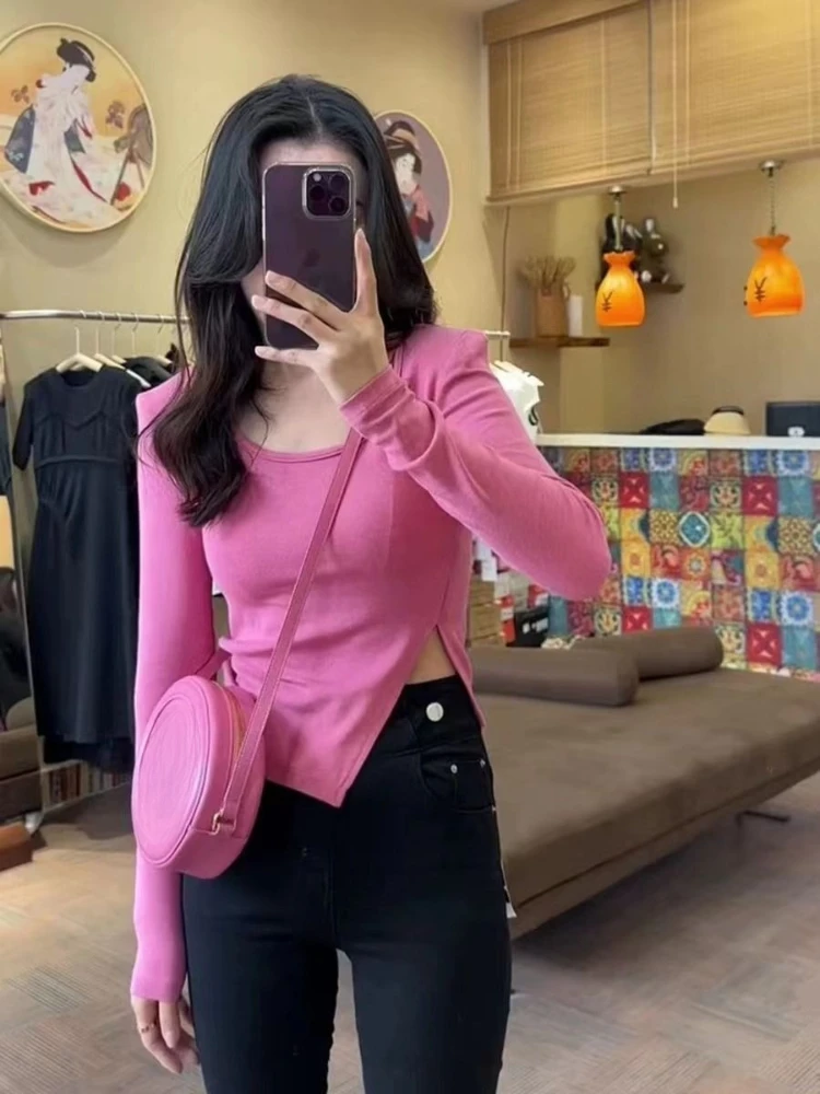 2026 New Women's U Neck Form Fit Top Irregular Slit Long Sleeve High Waist Autumn Trendy