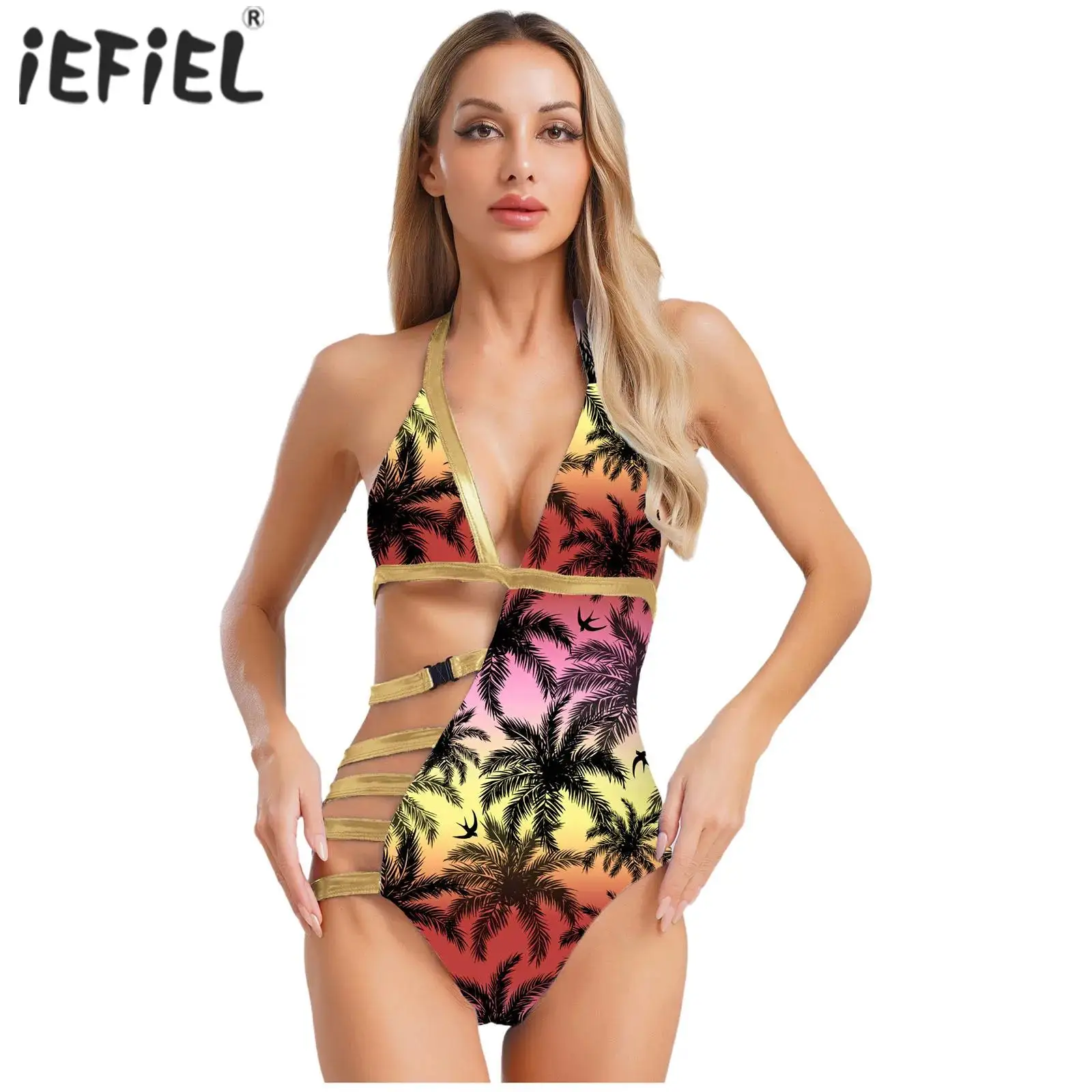 

Women's One Piece Wrap Bikini Swimsuit Halter Deep V Neck Sleeveless Hollow Out Swimwear Strappy Pool Party Beach Bathing Suit