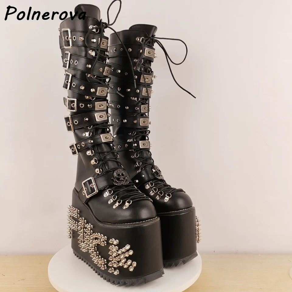Rivet Thick Soled Leather Long Boots Platform Thick Soled Cross
