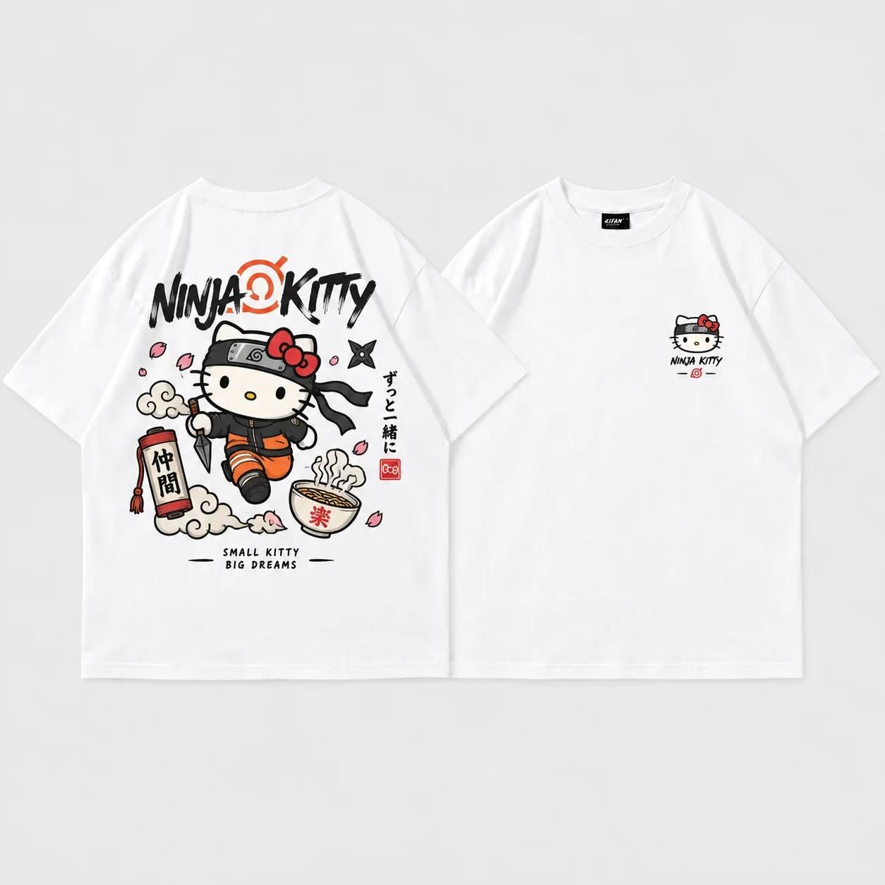 White Tee Men's Women's Sanrio Hello Kitty Ninja Parent Child Anime Cool Graphic Art Print Oversized Short Sleeve Streetwear Top