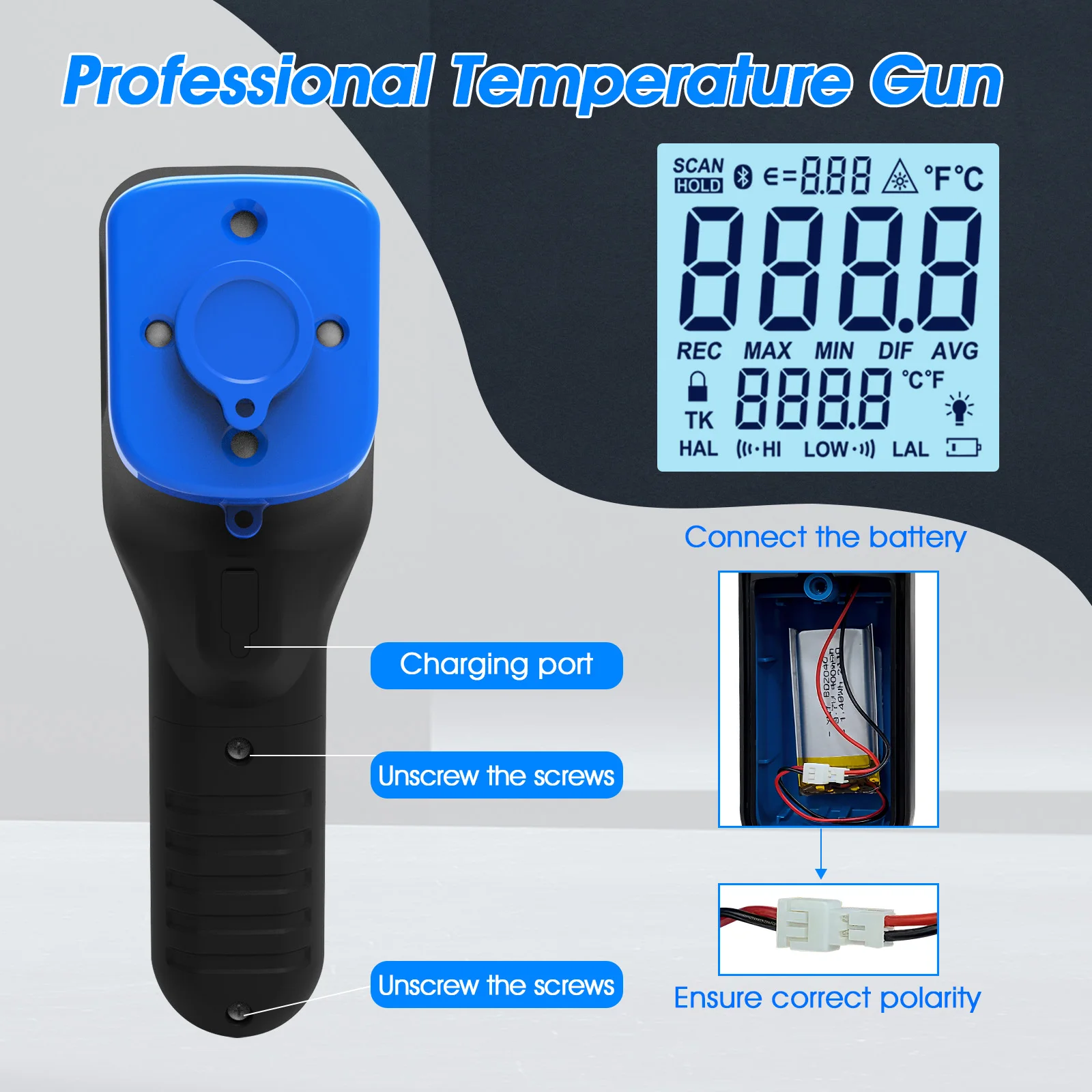 

Non-Contact Infrared Thermometer -50℃-1600℃,30:1D:S Ratio,Rechargeable with APP Connection&Laser Targeting for Home/Industrial
