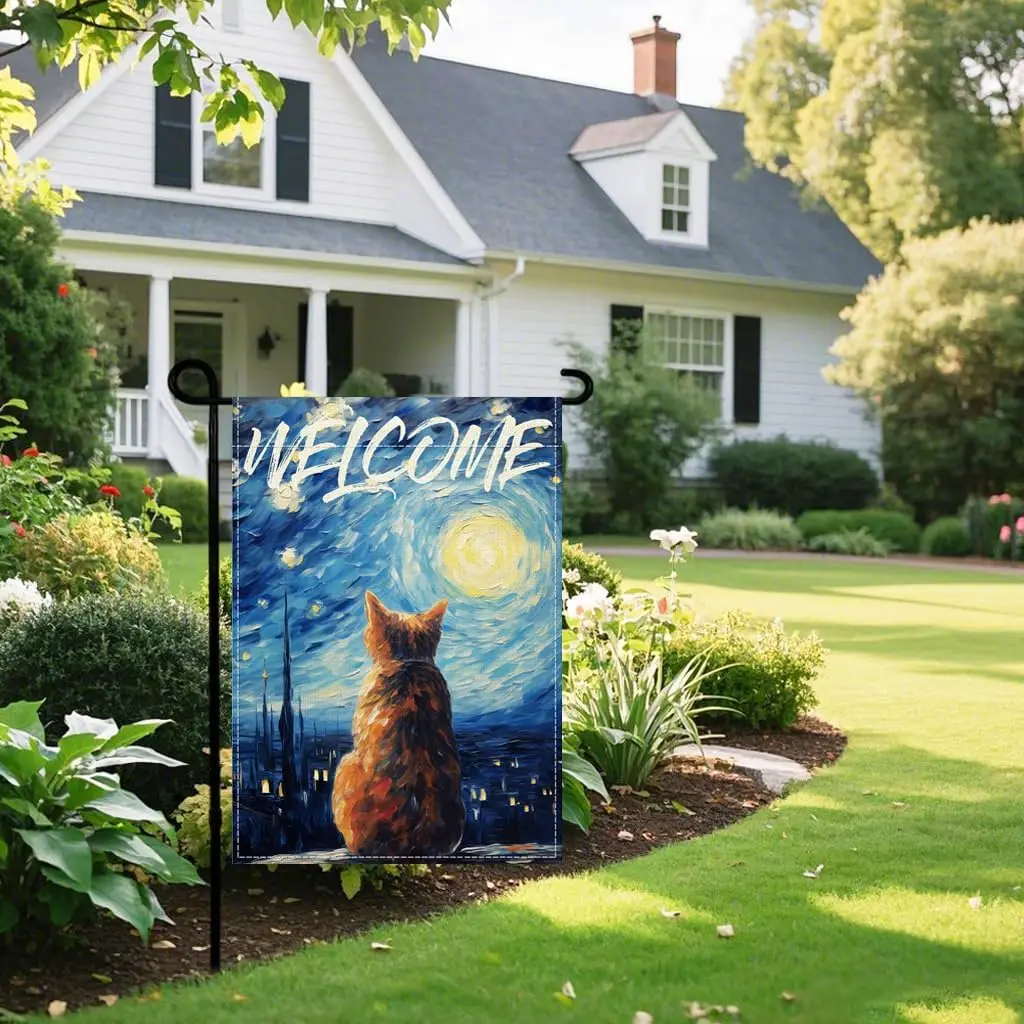 Van Gogh Welcome Starry Cat Garden Flag 12 x 18 inch Double Sided Oil Paint Yard Flags Small Burlap Flag for Outside Decor ( SSL