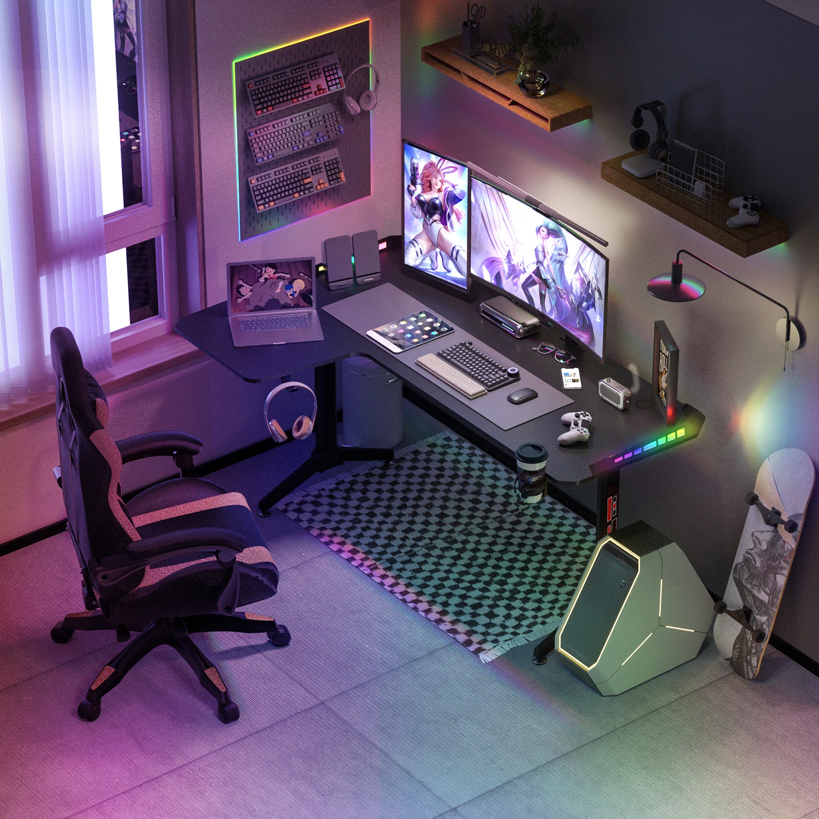 XXXL Large Corner Gaming Desk L Shape Gamer Computer Table RGB LED Lighted Table with Cup Holder and Headphone Hook