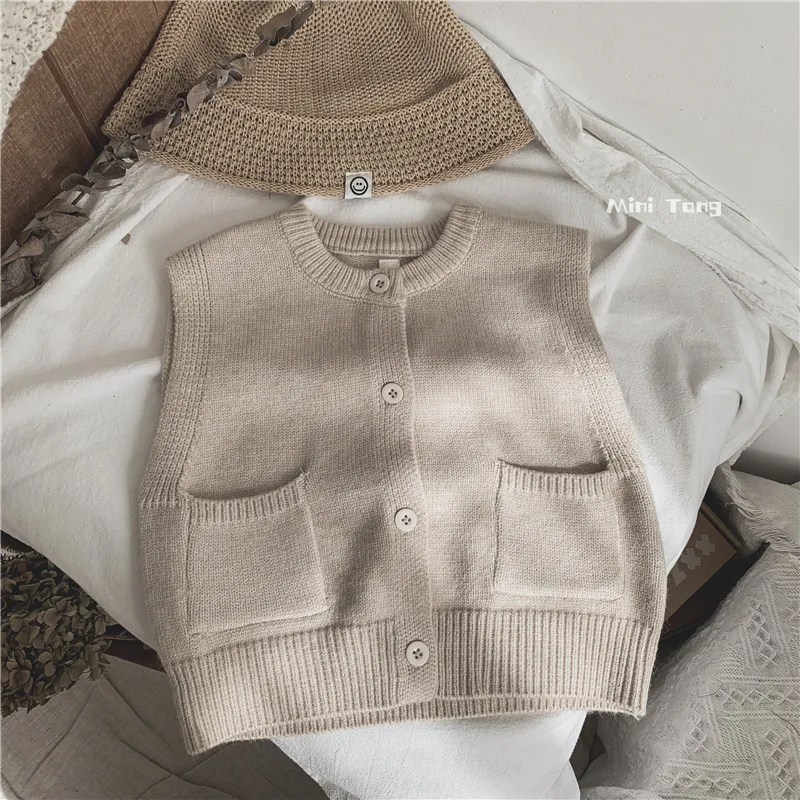 Simple Children\'s Clothing Kids Knitted Vest Solid Versatile Girls Sweater Spring and Autumn Boys Clothes Pocket Vest Cardigan