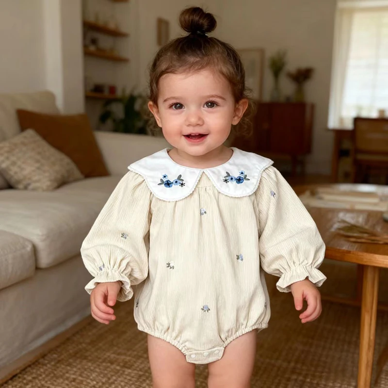 Herbst Neugeborenen Einfarbig Body Mädchen Strampler Floral Stickerei Lange Ärmeln Overall Baby Revers Kleidung Infant Kleiden