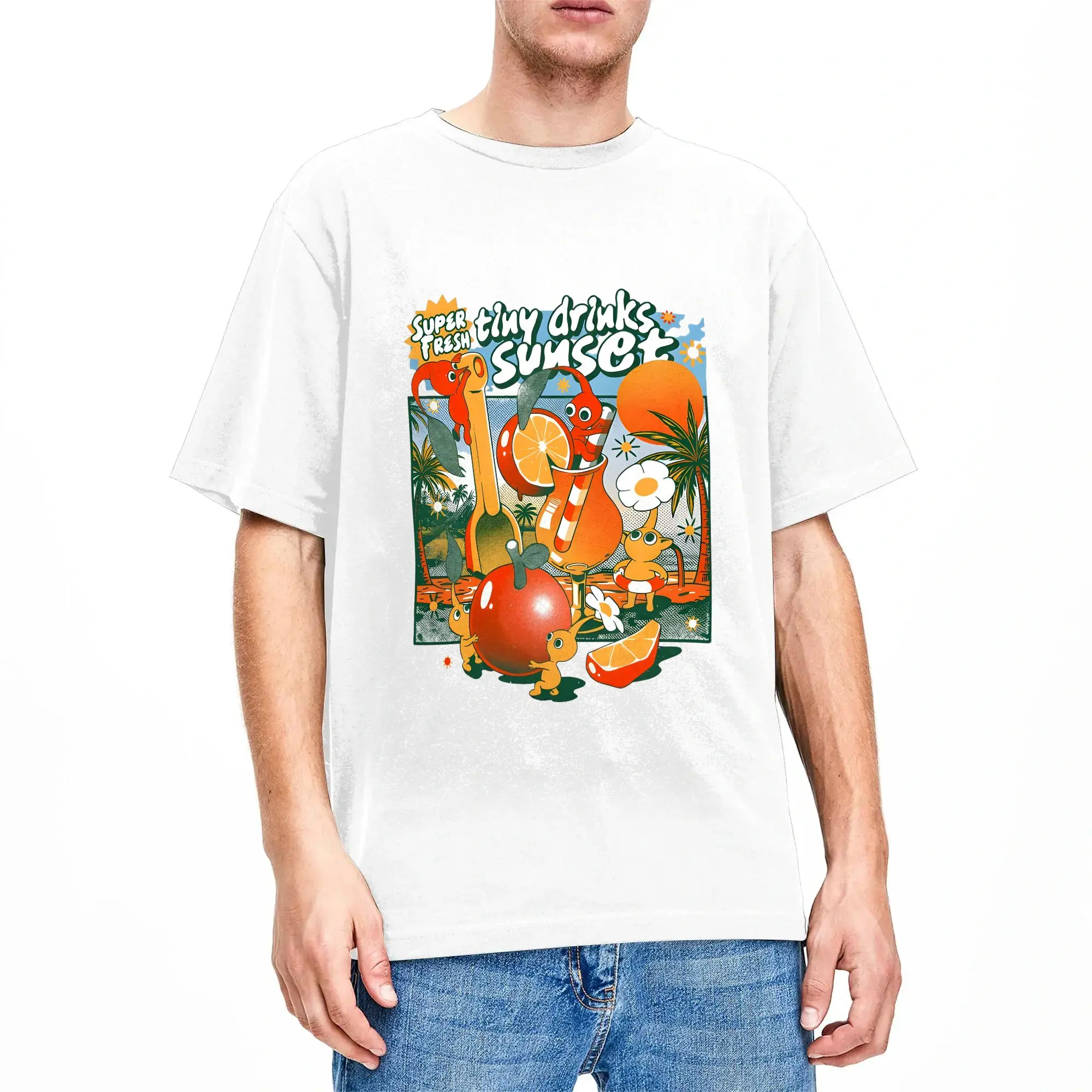 Tiny Drinks Sunset Summer Beach Party  T-Shirt Men Pikmins T-Shirts Beach O Neck Harajuku Tee Shirt Custom DIY Big Size Clothing