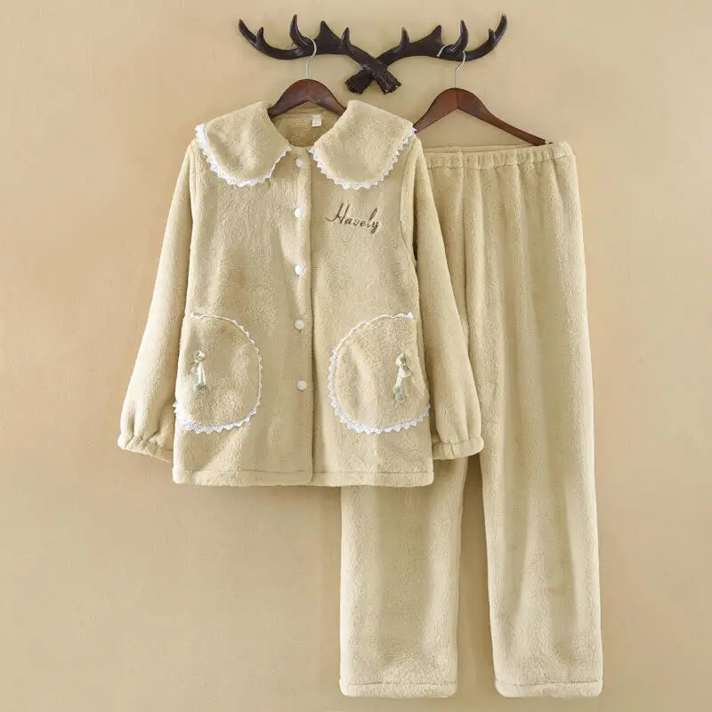 

Женский пижамный комплект с воротником Питера Пэна, зимняя утепленная домашняя одежда на флисовой подкладке, минималистичная однотонная одежда для сна, ночная рубашка из кораллового флиса