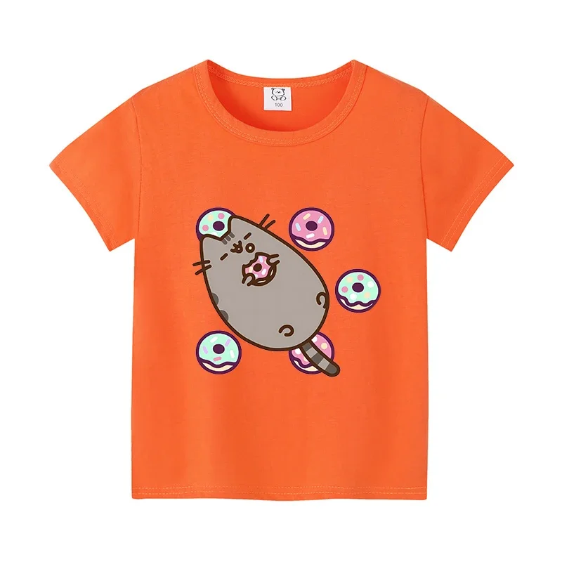 Pusheen-Camiseta de algodón de dibujos animados Kawaii para niños, Top de moda de manga corta, película, ropa suelta, regalo para niños y niñas