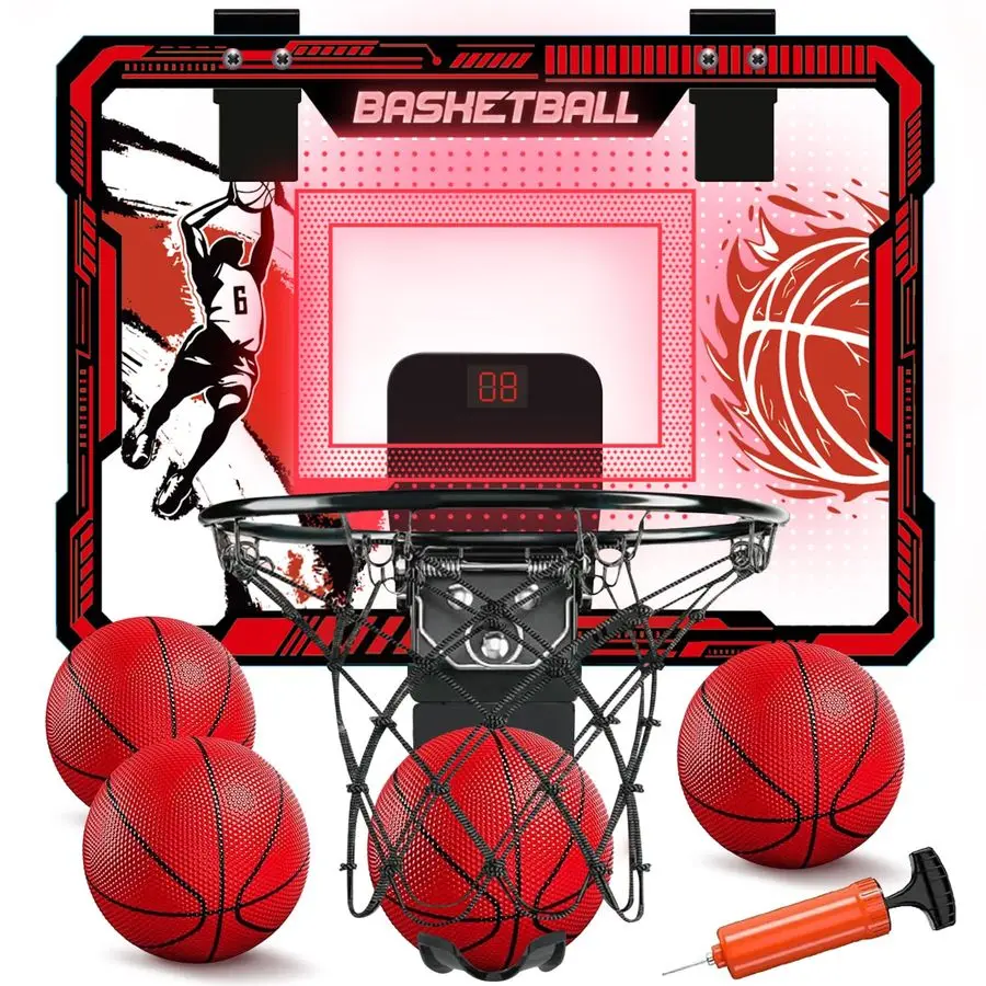 

Hoop Indoor, Over The Door Basketball Hoops with LED Lighting, Mini Hoop with Electronic Scoreboard, 4 Balls amp Pump, Basketbal