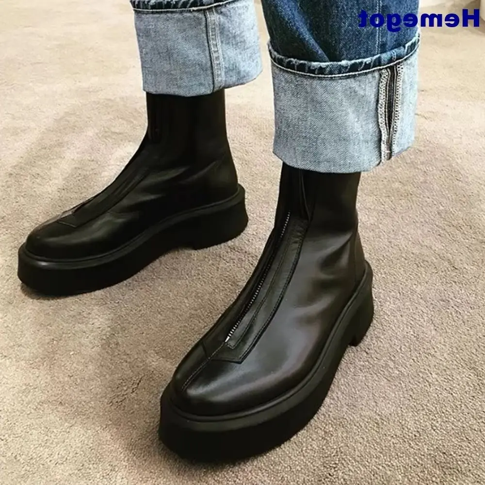 

Genuine Leather British Style Short Boots 2025 Spring Outdoor Casual Fashion Womens Boots Office Round Toe Zip Thick Sole Boots